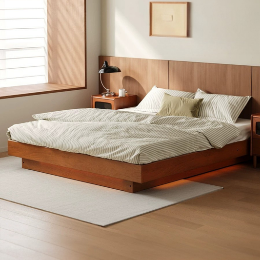 Poplar Solid Wood Retro Platform Box Bed, Headboard-Free Bed with light.