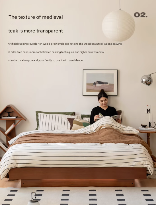 Poplar Solid Wood Retro Platform Box Bed, Headboard-Free Bed with light.