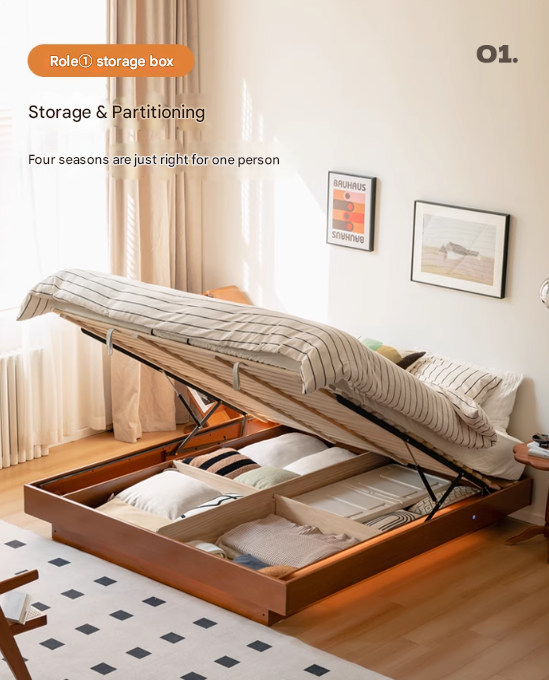 Poplar Solid Wood Retro Platform Box Bed, Headboard-Free Bed with light.