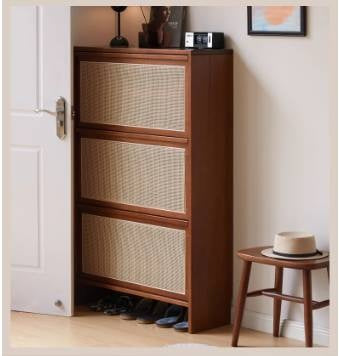 Poplar Solid Wood Rattan Shoe Cabinet Antique Style