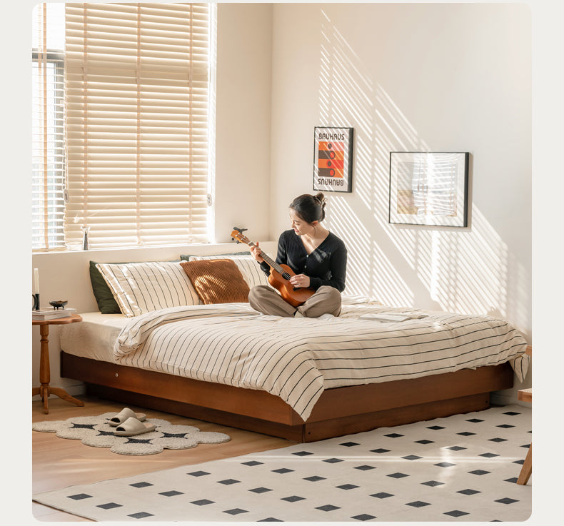 Poplar Solid Wood Retro Platform Box Bed, Headboard-Free Bed with light.
