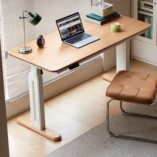 Beech Solid Wood Cream Style Study Electric Lift Desk