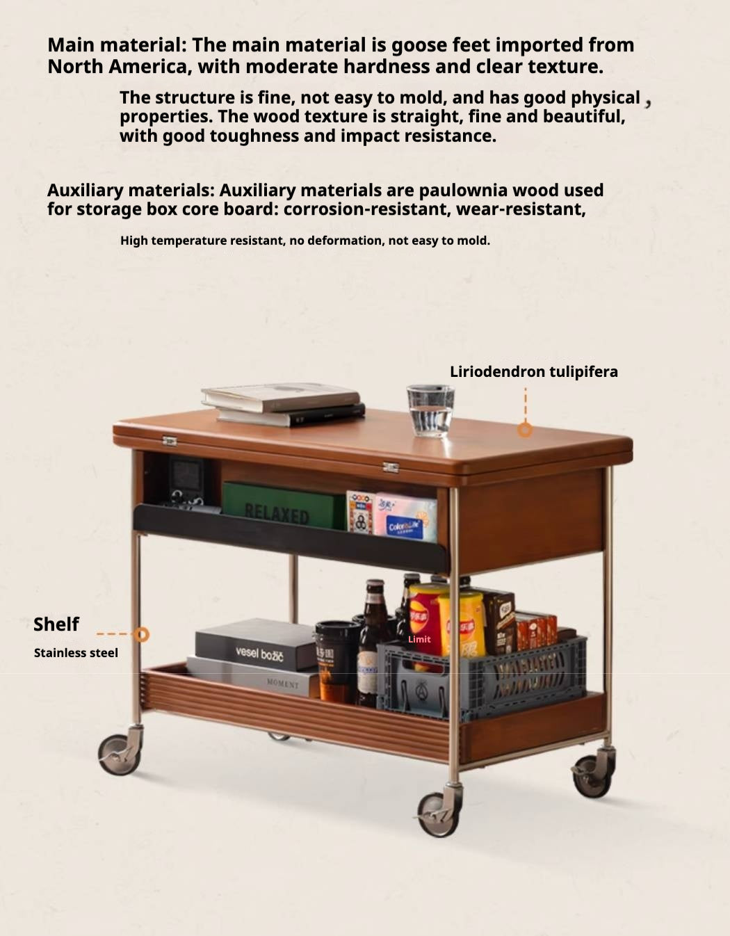 Poplar Solid Wood Middle Ancient Style Mobile Tea Table