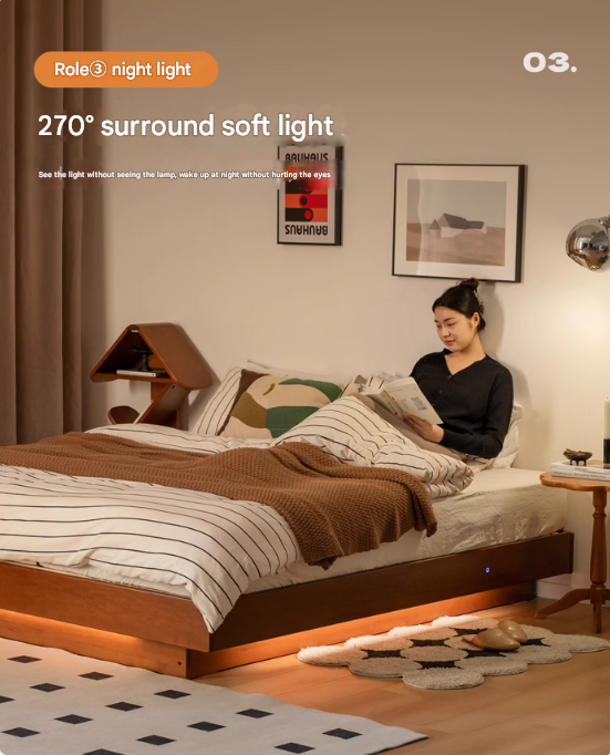 Poplar Solid Wood Retro Platform Box Bed, Headboard-Free Bed with light.