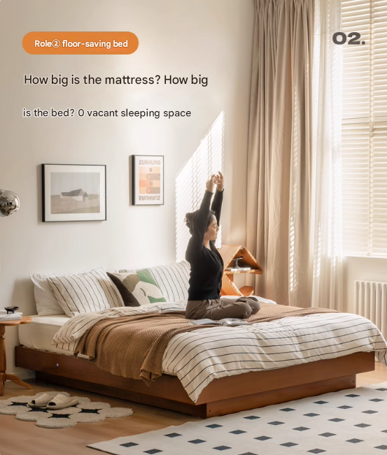Poplar Solid Wood Retro Platform Box Bed, Headboard-Free Bed with light.