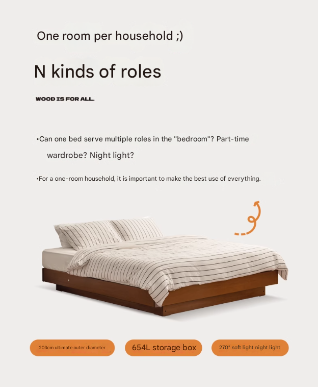 Poplar Solid Wood Retro Platform Box Bed, Headboard-Free Bed with light.