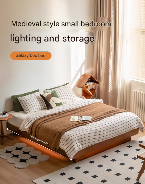 Poplar Solid Wood Retro Platform Box Bed, Headboard-Free Bed with light.