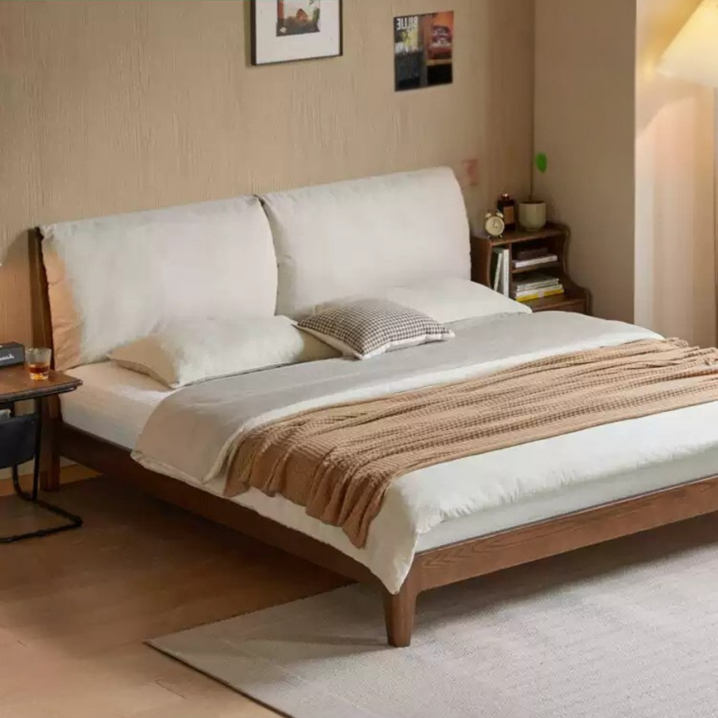 Oak Solid Wood Simple Fabric Soft Package Bed