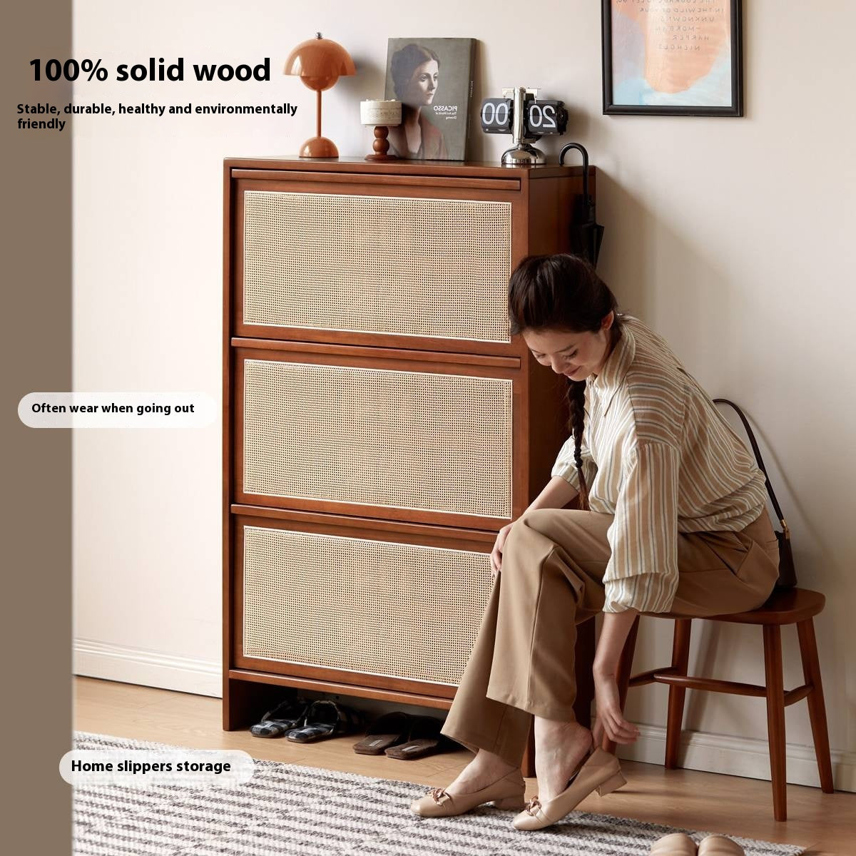 Poplar Solid Wood Rattan Shoe Cabinet Antique Style