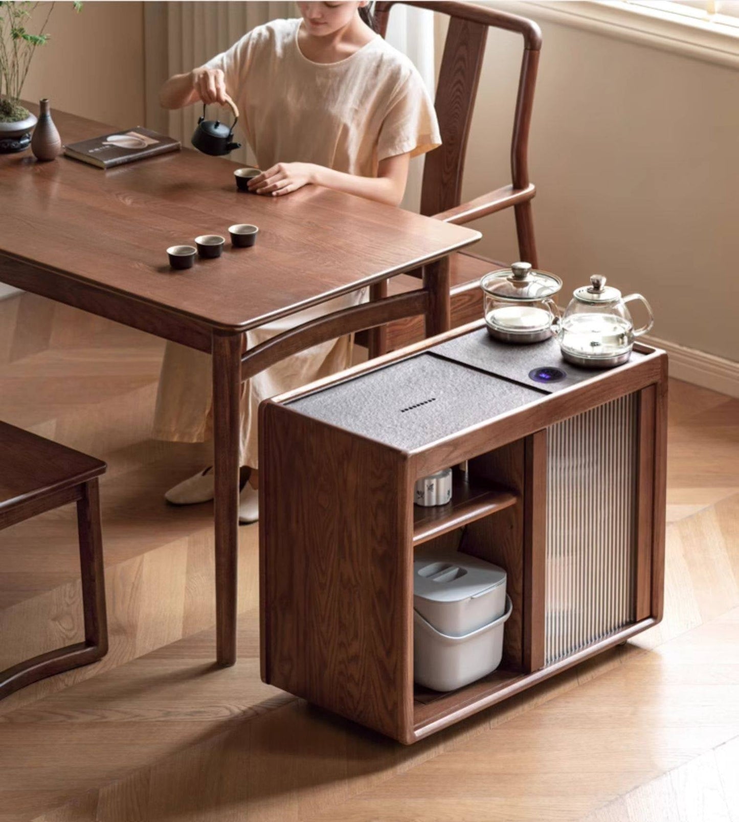 Ash, Oak, Black Walnut Solid Wood Mobile Side Tea Cabinet