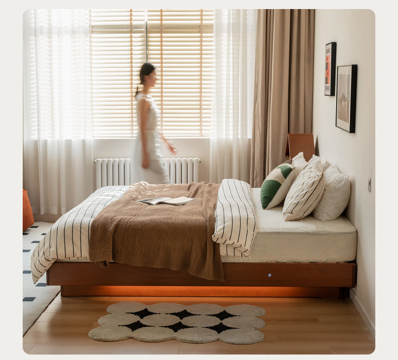 Poplar Solid Wood Retro Platform Box Bed, Headboard-Free Bed with light.