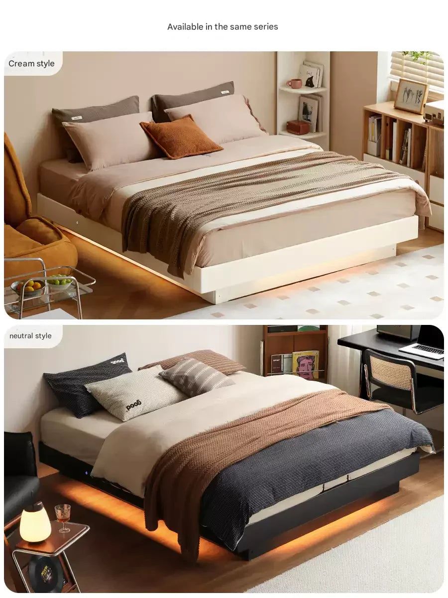 Poplar Solid Wood Retro Platform Box Bed, Headboard-Free Bed with light.