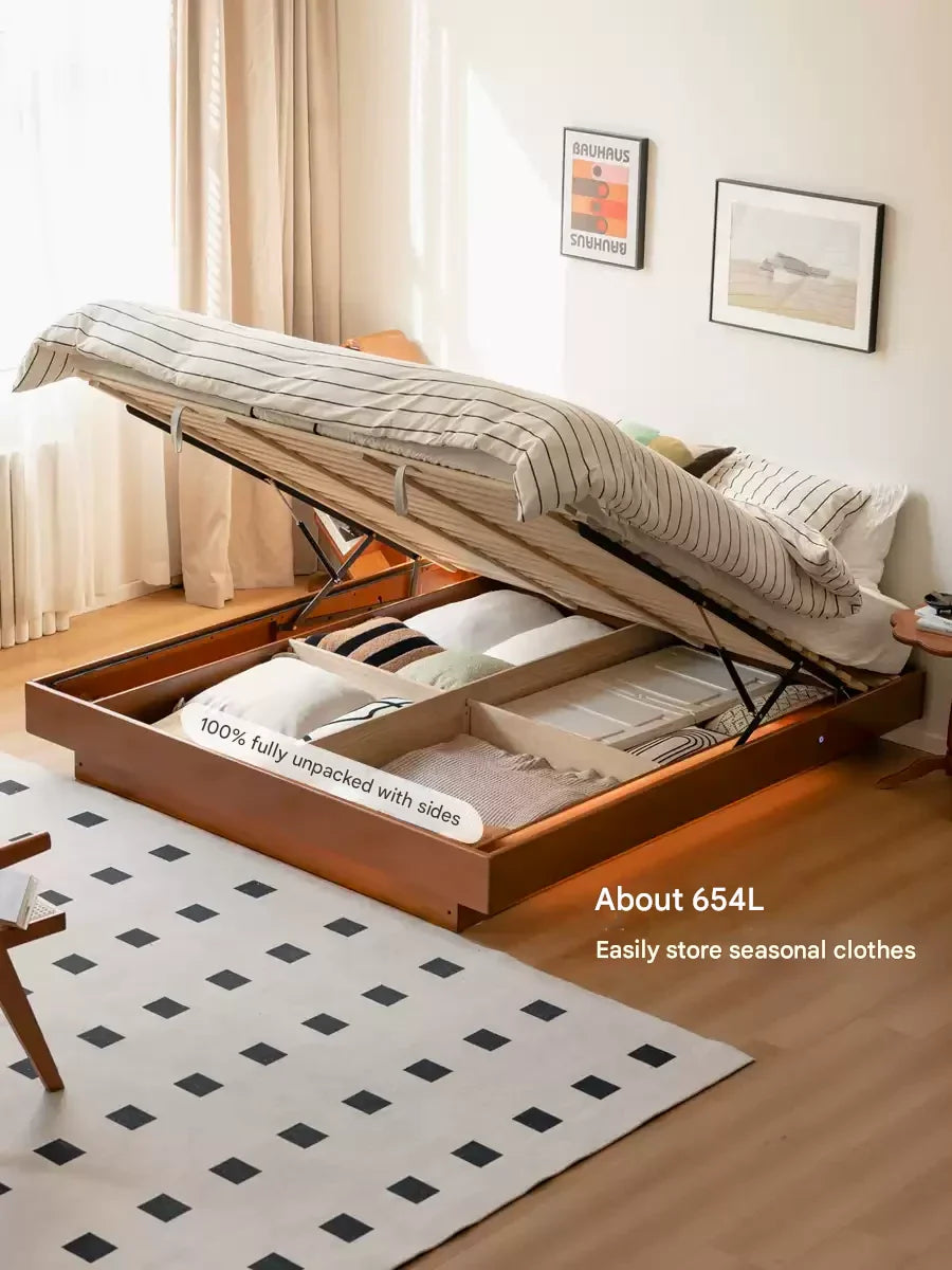 Poplar Solid Wood Retro Platform Box Bed, Headboard-Free Bed with light.