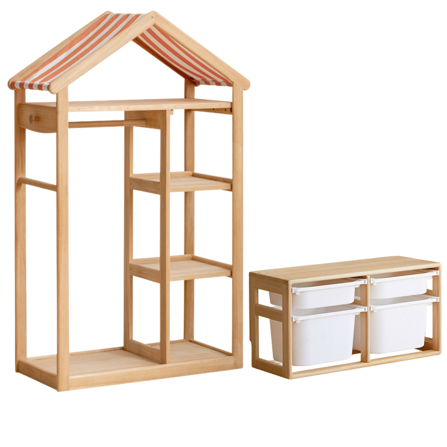 Poplar Solid Wood Children's Toy Storage Cabinet and Wardrobe With Hangers