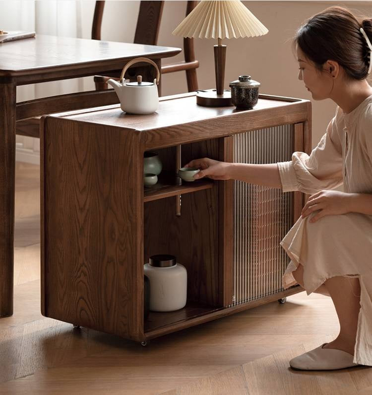 Ash, Oak, Black Walnut Solid Wood Mobile Side Tea Cabinet