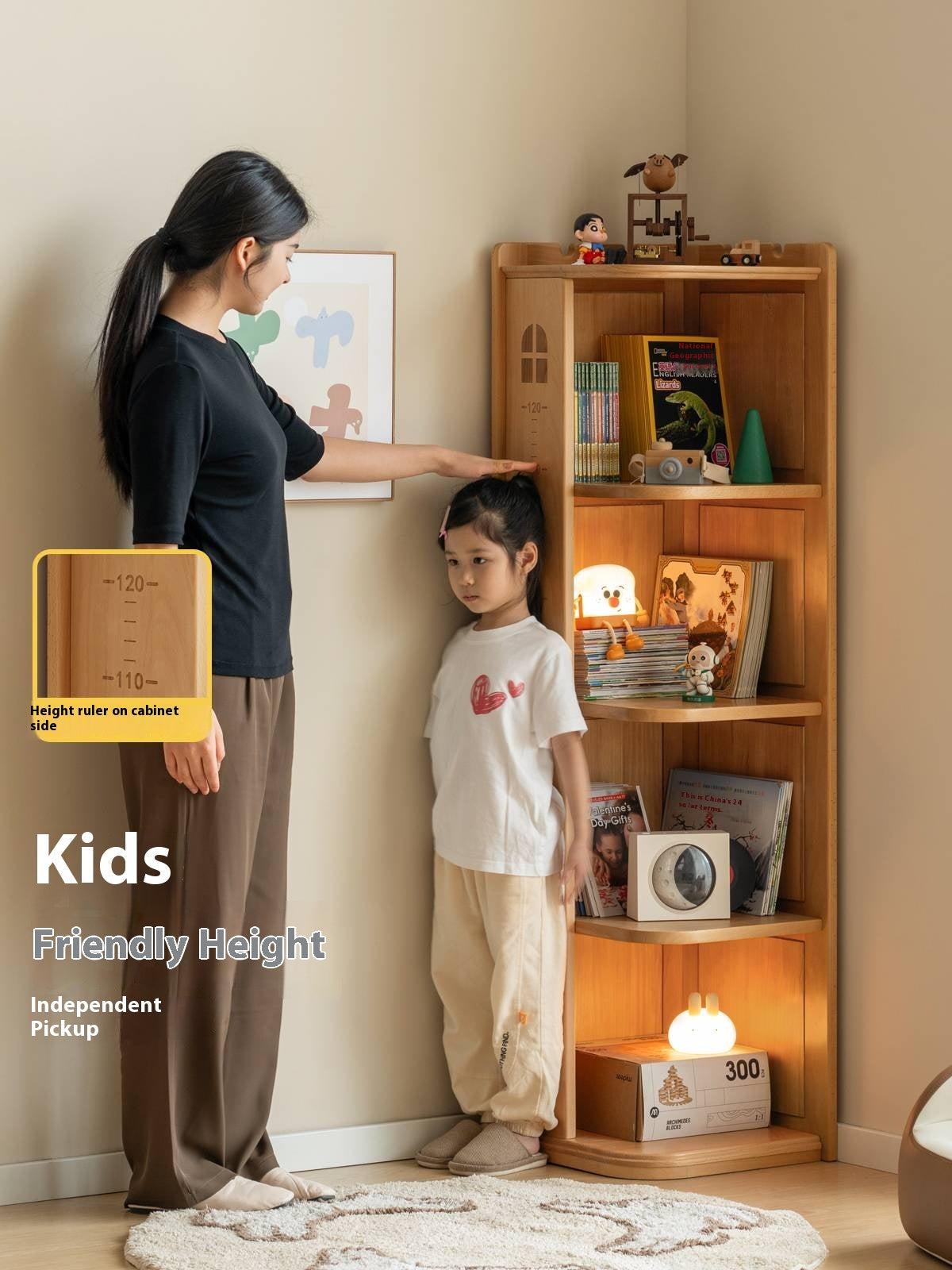 Beech Solid Wood Children's Bookshelf Storage Corner Cabinet