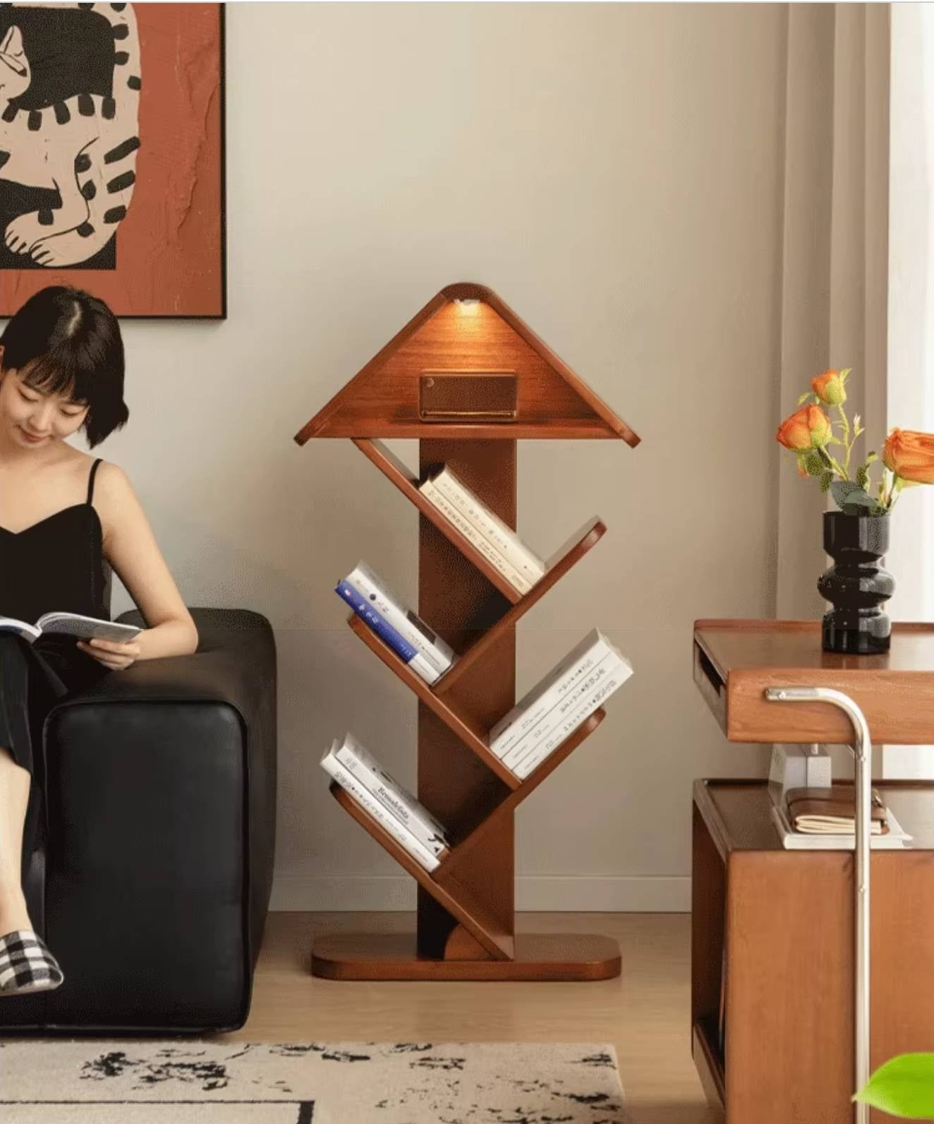 Poplar Solid Wood Mid Century Style Bookshelf And Newspaper Rack