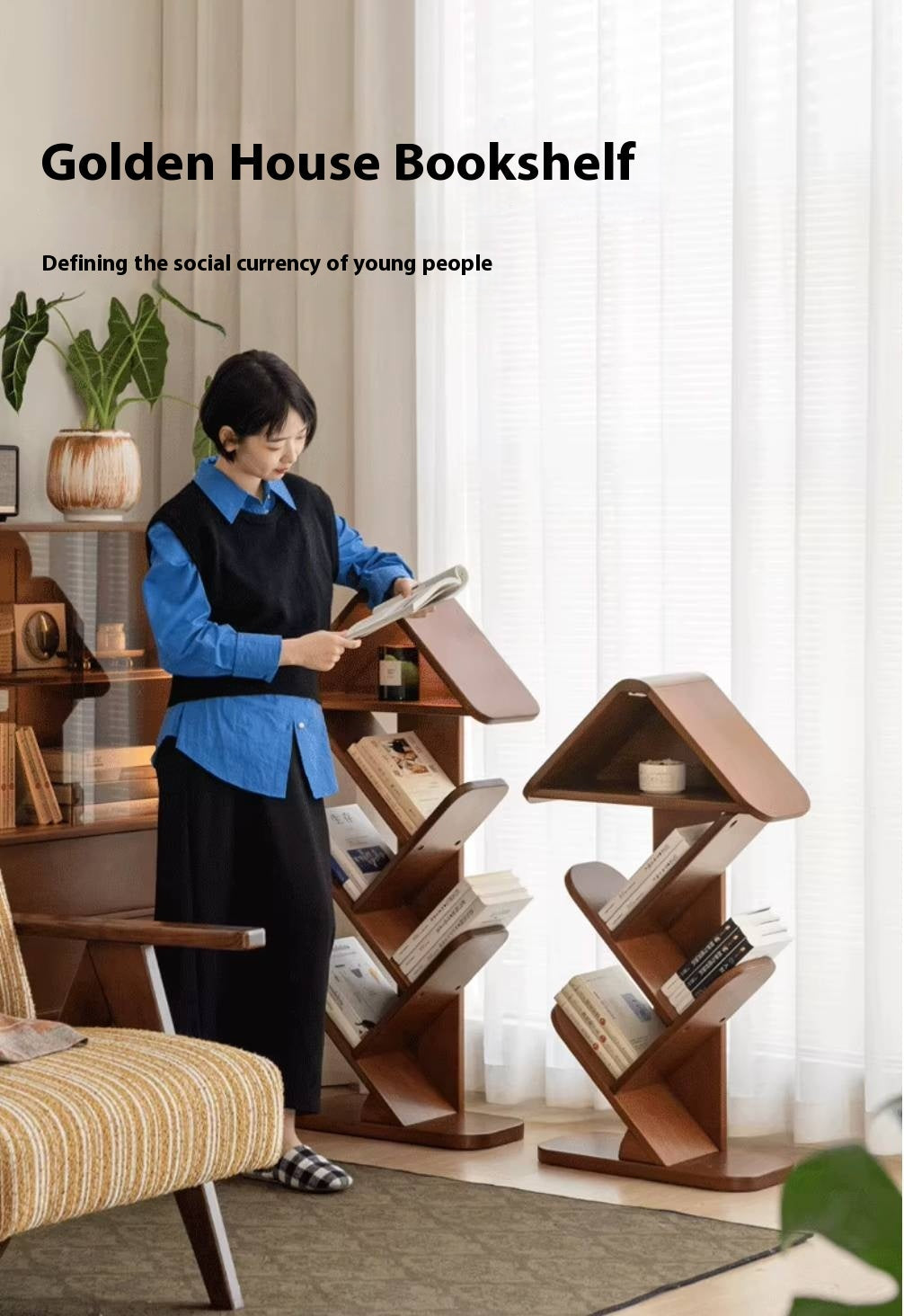 Poplar Solid Wood Mid Century Style Bookshelf And Newspaper Rack