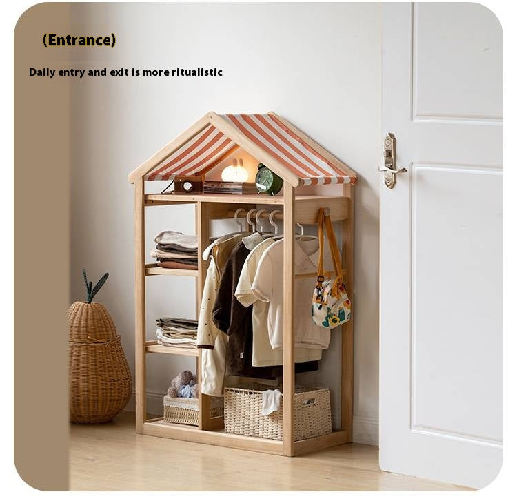 Poplar Solid Wood Children's Toy Storage Cabinet and Wardrobe With Hangers