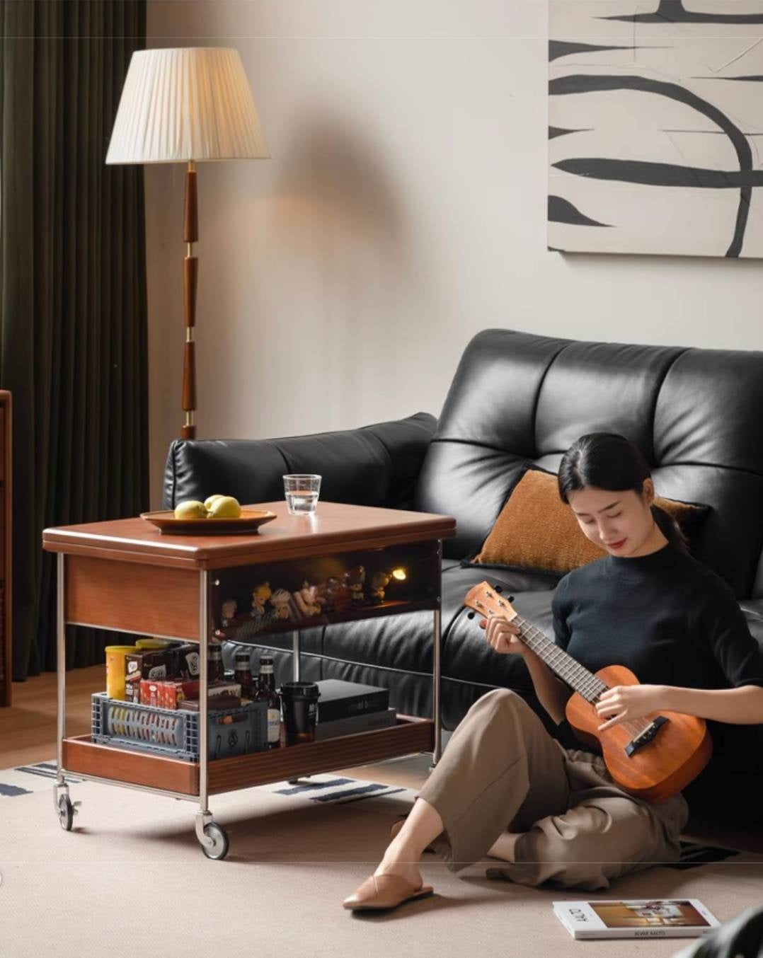 Poplar Solid Wood Middle Ancient Style Mobile Tea Table