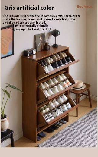 Poplar Solid Wood Rattan Shoe Cabinet Antique Style