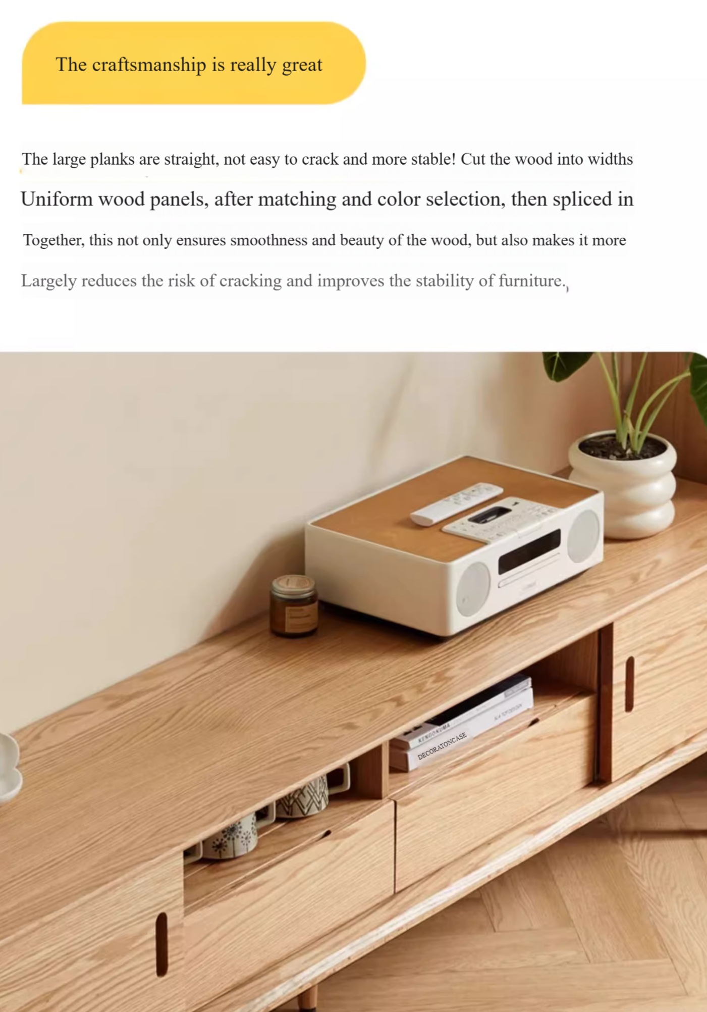 Oak Solid Wood Sliding Door Modern TV Cabinet.